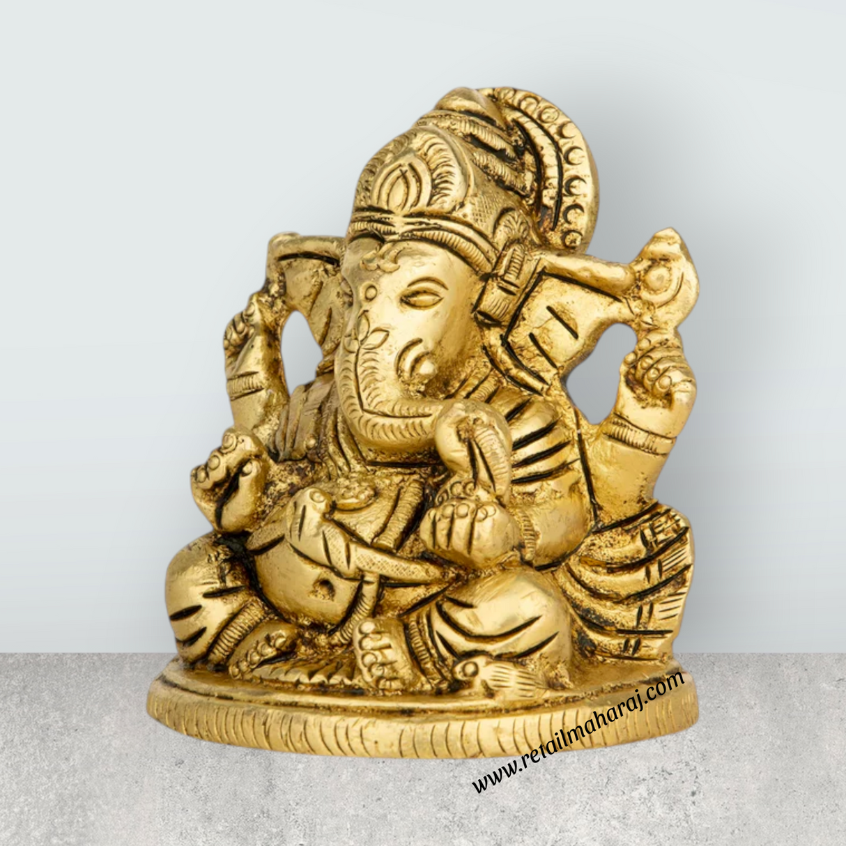 Ganesh Murti Sitting On Base - 3.5 x 2.5 Inches | Antique Brass Idol/ Ganpati Murti for Pooja - Retail Maharaj