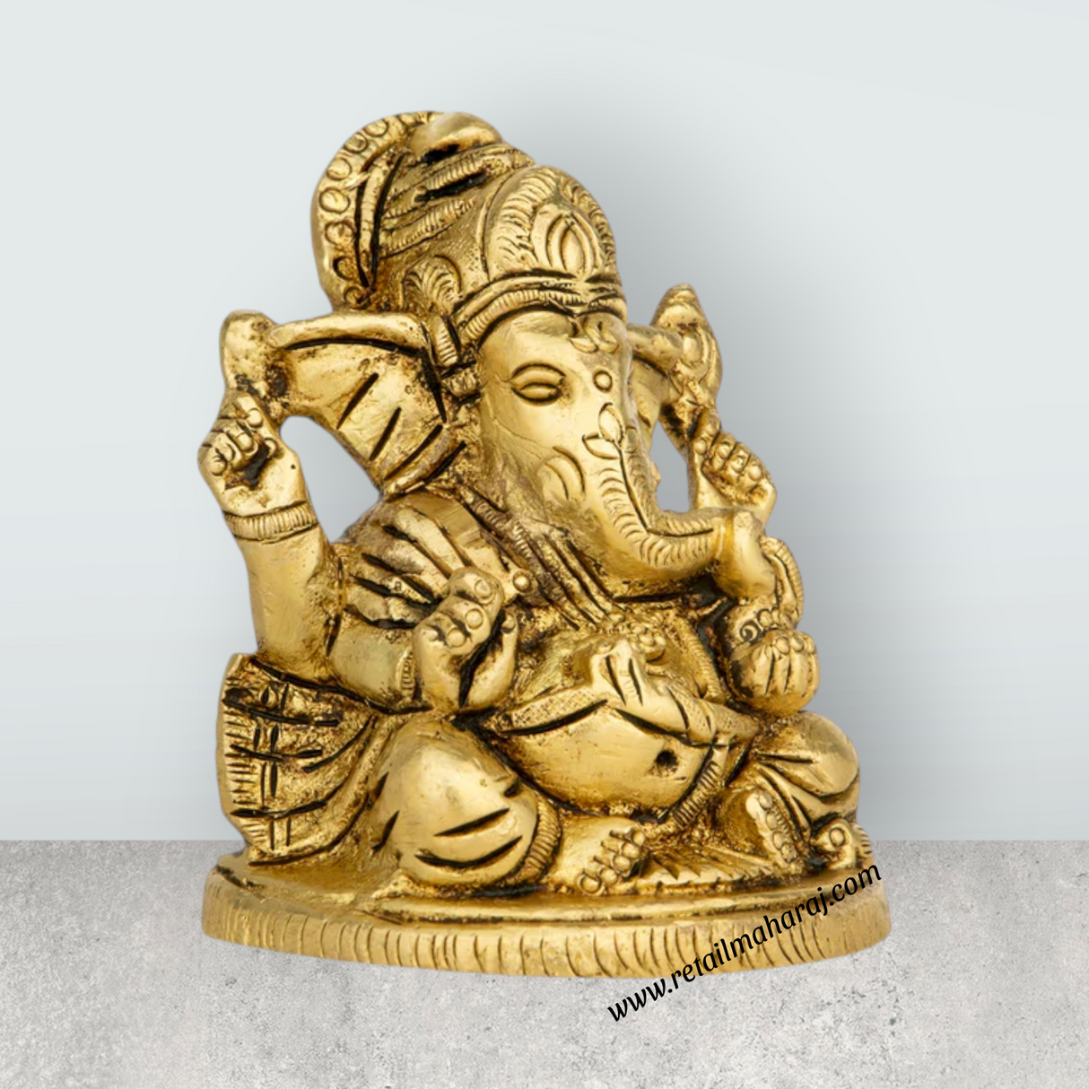 Ganesh Murti Sitting On Base - 3.5 x 2.5 Inches | Antique Brass Idol/ Ganpati Murti for Pooja - Retail Maharaj