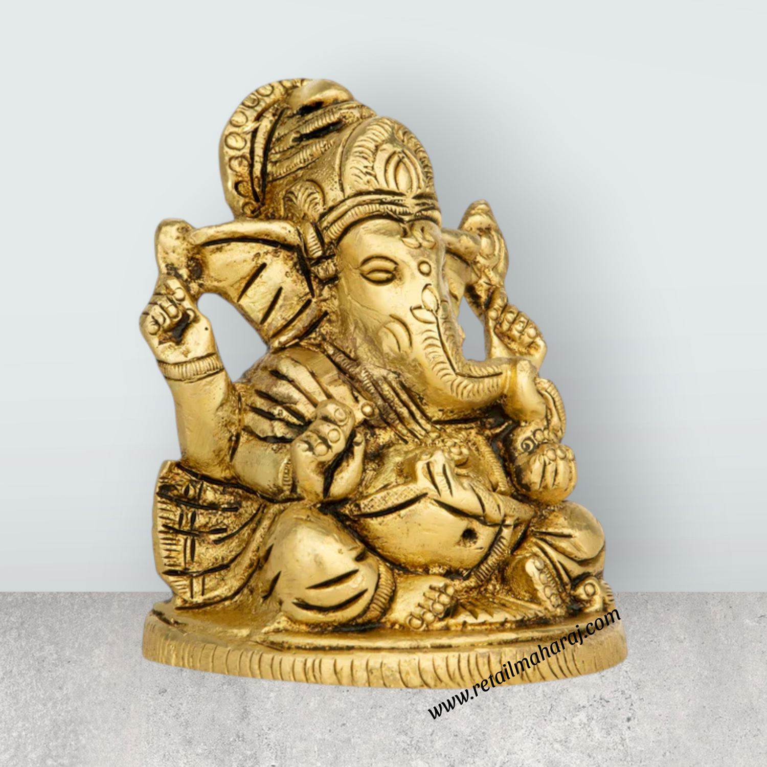 Ganesh Murti Sitting On Base - 3.5 x 2.5 Inches | Antique Brass Idol/ Ganpati Murti for Pooja - Retail Maharaj