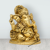 Ganesh Murti Sitting On Base - 3.5 x 2.5 Inches | Antique Brass Idol/ Ganpati Murti for Pooja - Retail Maharaj