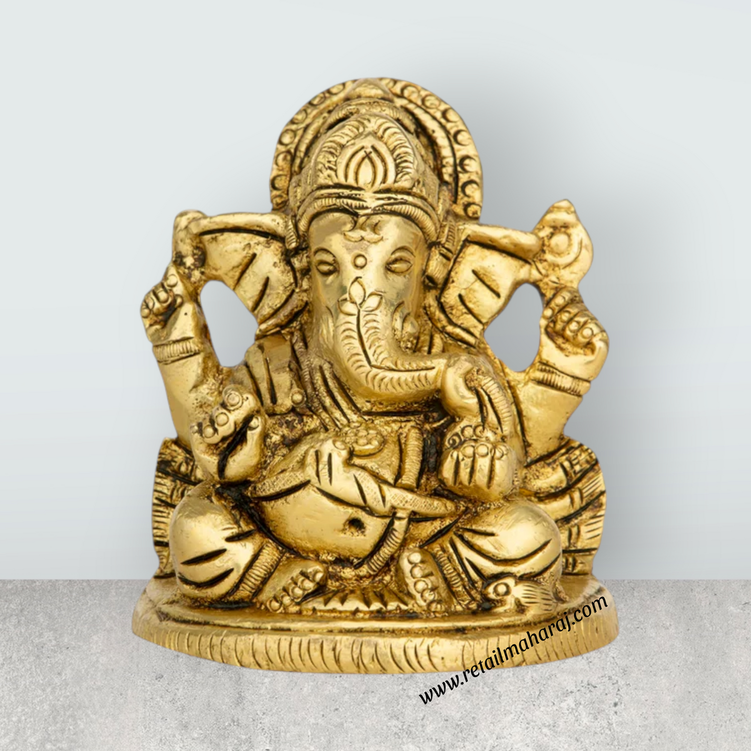 Ganesh Murti Sitting On Base - 3.5 x 2.5 Inches | Antique Brass Idol/ Ganpati Murti for Pooja - Retail Maharaj