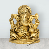 Ganesh Murti Sitting On Base - 3.5 x 2.5 Inches | Antique Brass Idol/ Ganpati Murti for Pooja - Retail Maharaj