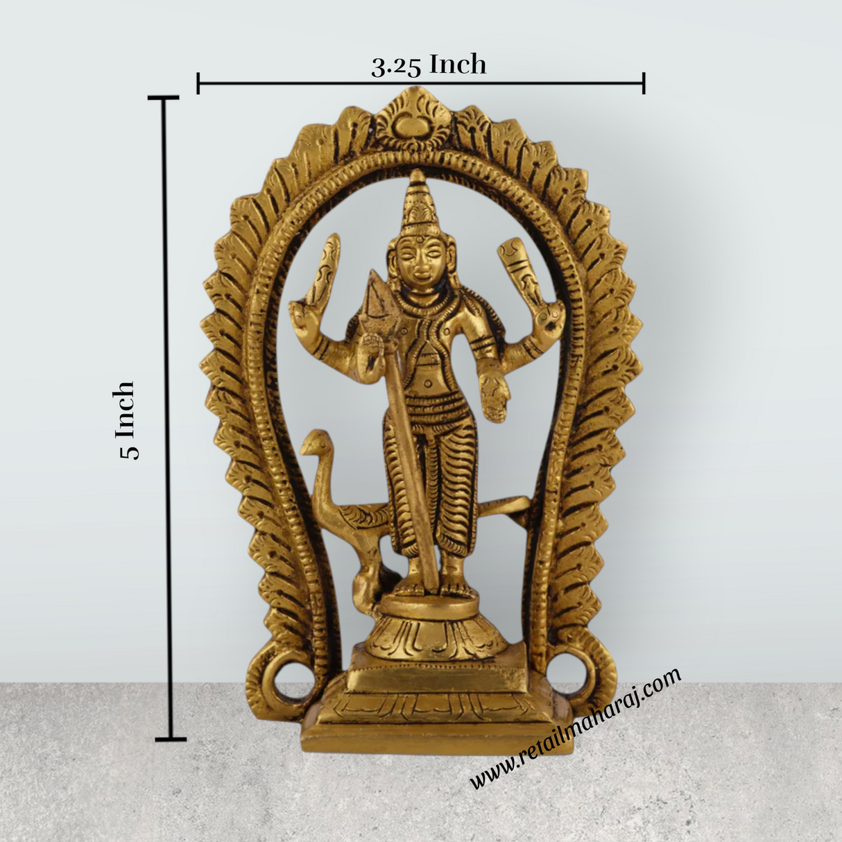Murugan Statue With Arch Standing On Base - 5 x 3.25 Inches | Antique Brass Idol/ Kartikeya Statue With Peacock for Pooja