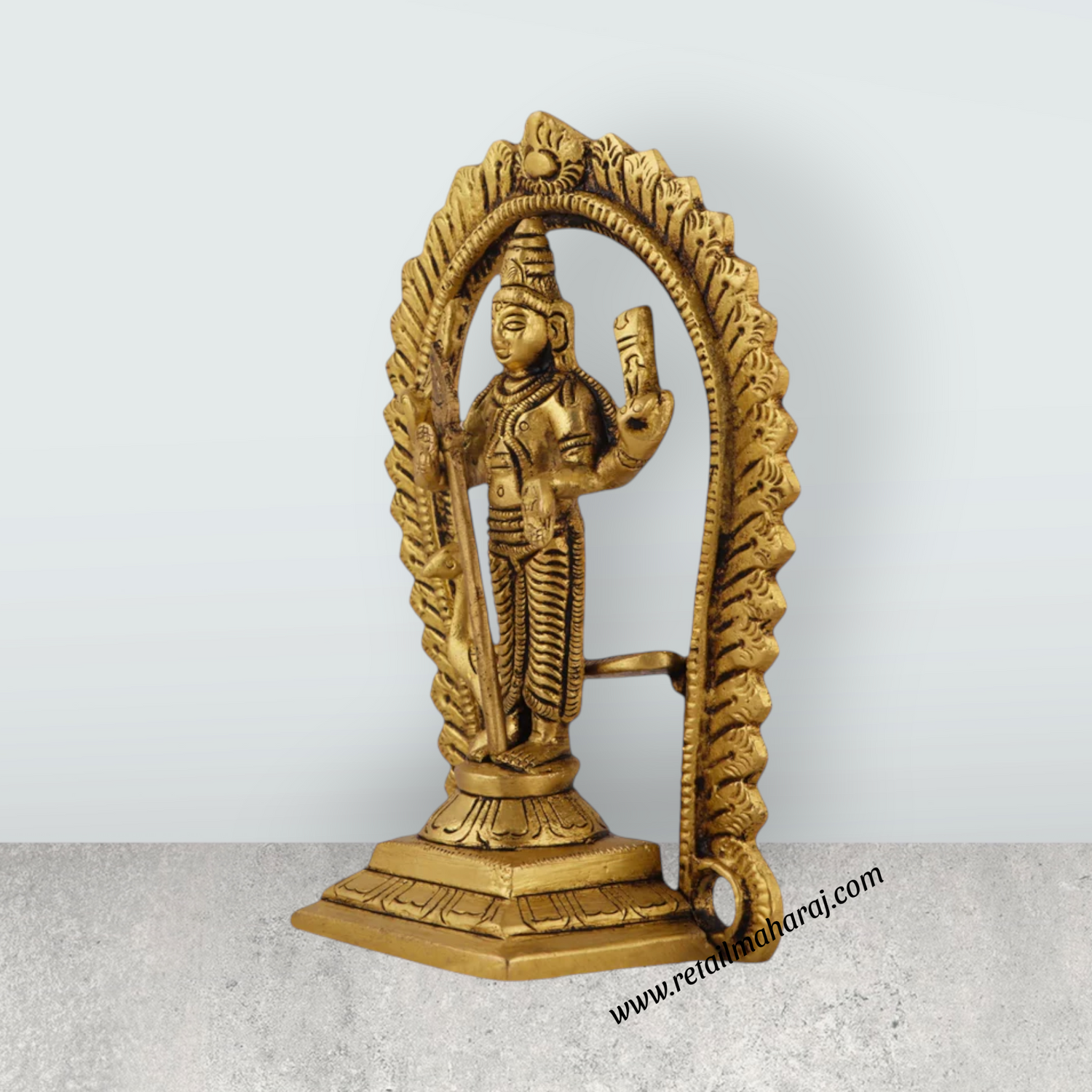 Murugan Statue With Arch Standing On Base - 5 x 3.25 Inches | Antique Brass Idol/ Kartikeya Statue With Peacock for Pooja