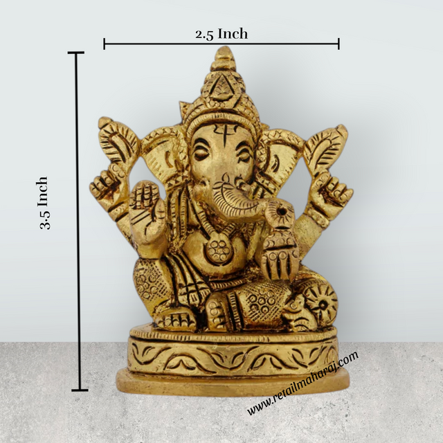 Ganesh Murti Sitting On Base - 3.5 x 2.5 Inches | Antique Brass Idol/ Vinayaka Statue With Takiya for Worship - Retail Maharaj