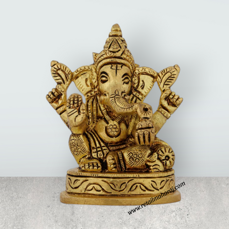 Ganesh Murti Sitting On Base - 3.5 x 2.5 Inches | Antique Brass Idol/ Vinayaka Statue With Takiya for Worship - Retail Maharaj