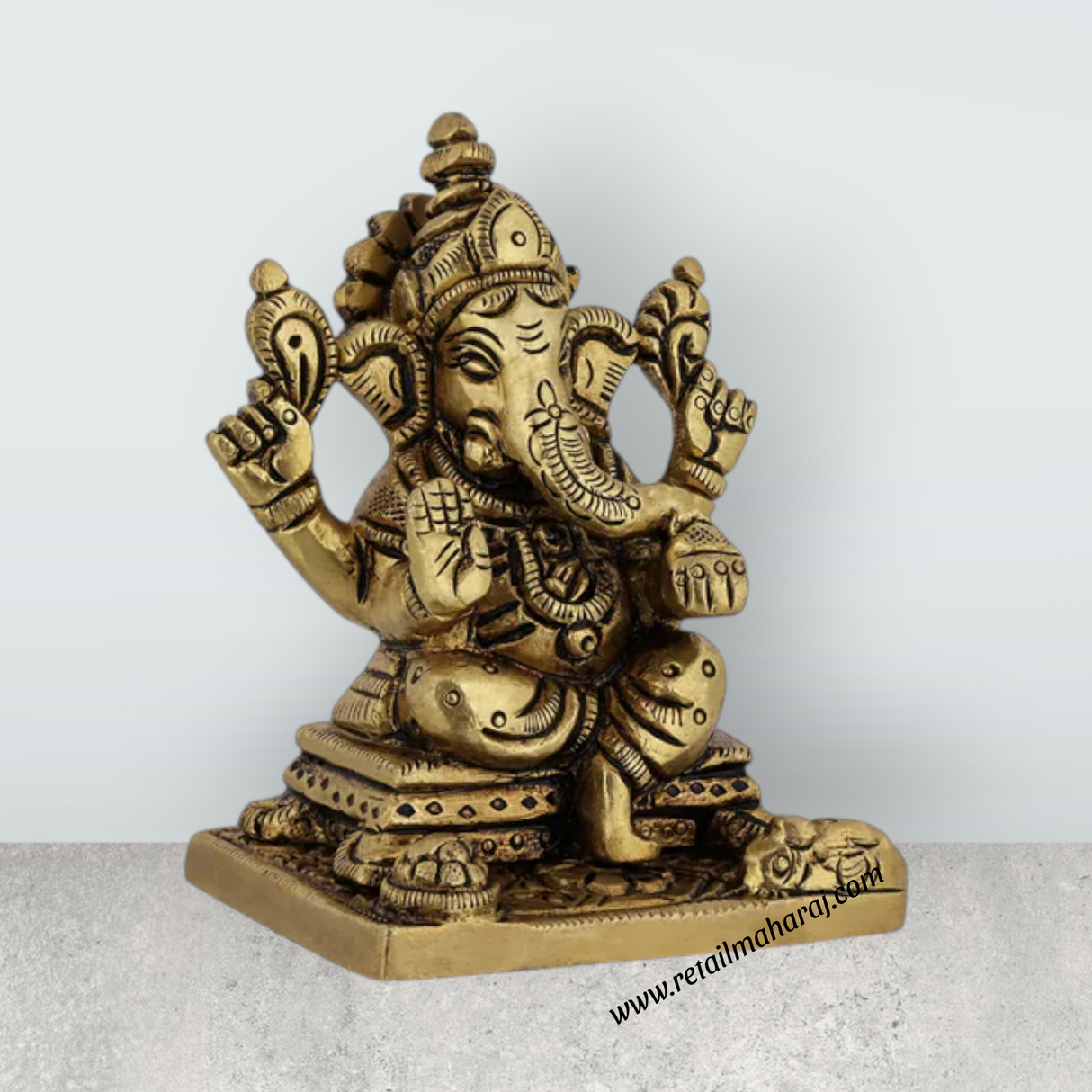 Ganesh Murti Sitting On Base – 2 Inches Antique Brass Idol Ganpati Murti For Home Pooja - Retail Maharaj