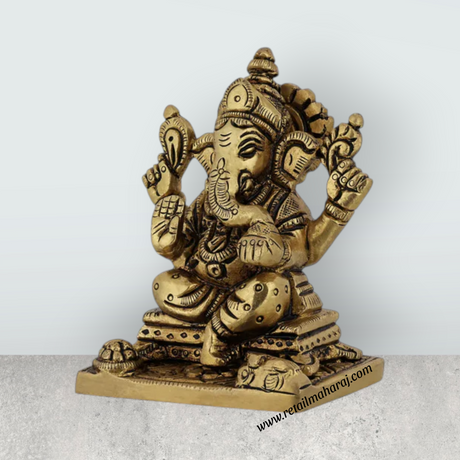 Ganesh Murti Sitting On Base – 2 Inches Antique Brass Idol Ganpati Murti For Home Pooja - Retail Maharaj