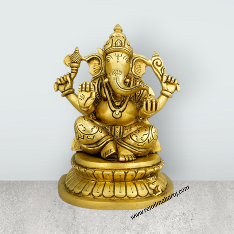 Ganesh Murti - 6.5 x 5 Inches | Antique Brass Idol/ Ganpati Idol/ Vinayaka Statue for Pooja/ 2.060 Kgs Approx - Retail Maharaj