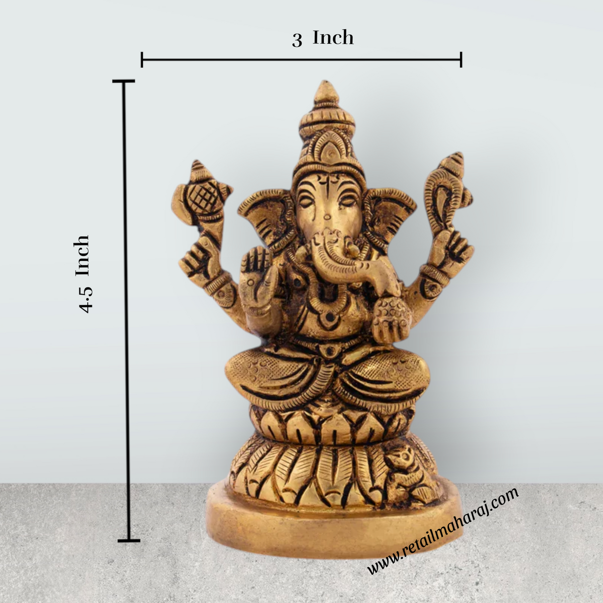 Ganesh Murti - 4.5 x 3 Inches | Antique Brass Statue/ Vinayaka Idol for Pooja / 680 Gms Approx - Retail Maharaj