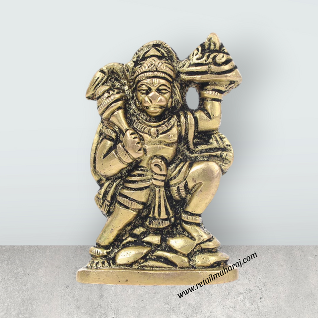 Anjaneya Statue Lifting Sanjeevani – 3 X 1.5 Inches | Antique Brass Idol/ Hanuman Statue For Strength & Pooja - Retail Maharaj