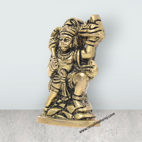 Anjaneya Statue Lifting Sanjeevani – 3 X 1.5 Inches | Antique Brass Idol/ Hanuman Statue For Strength & Pooja - Retail Maharaj