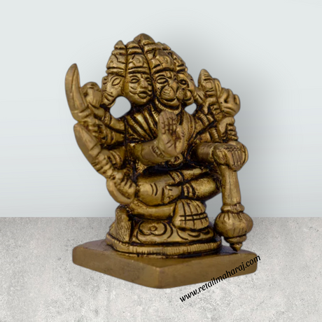 Panchmukhi Hanuman Murti - 3 X 2.5 Inches | Antique Brass Idol/ Sitting 5 Face Anjaneya Statue For Protection - Retail Maharaj
