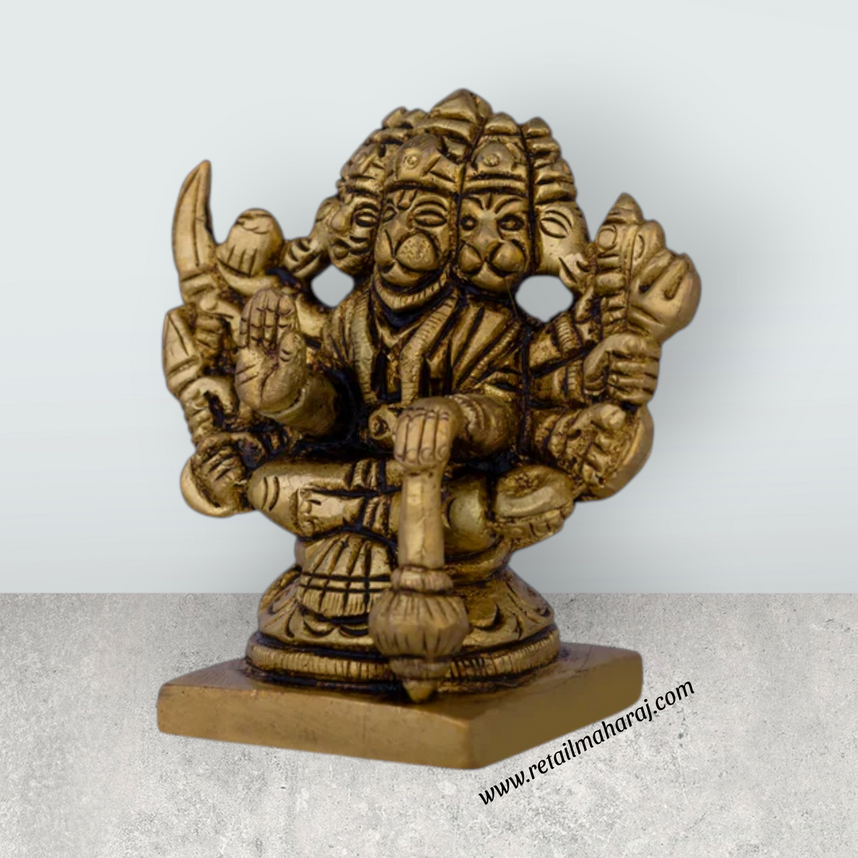 Panchmukhi Hanuman Murti - 3 X 2.5 Inches | Antique Brass Idol/ Sitting 5 Face Anjaneya Statue For Protection - Retail Maharaj
