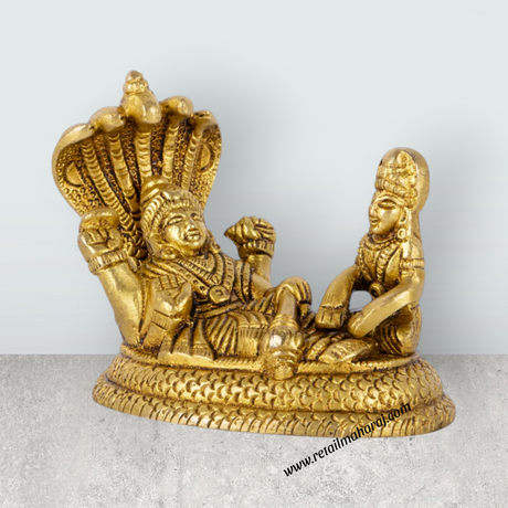 Vishnu Lakshmi Idol With Sheshnag - 3 x 3 Inches | Antique Brass Idol/ Laxmi Vishnu Murti for Pooja/ 570 Gms - Retail Maharaj