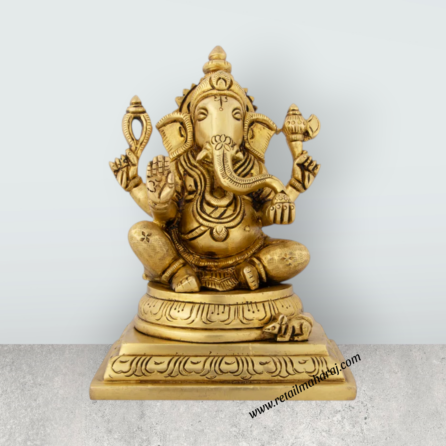 Ganesh Murti Sitting On Chowki - 6 x 4 Inches | Antique Brass Idol/ Ganpati Murti for Pooja/ 1.970 Kgs - Retail Maharaj