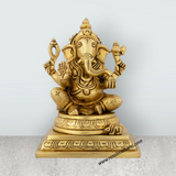 Ganesh Murti Sitting On Chowki - 6 x 4 Inches | Antique Brass Idol/ Ganpati Murti for Pooja/ 1.970 Kgs - Retail Maharaj