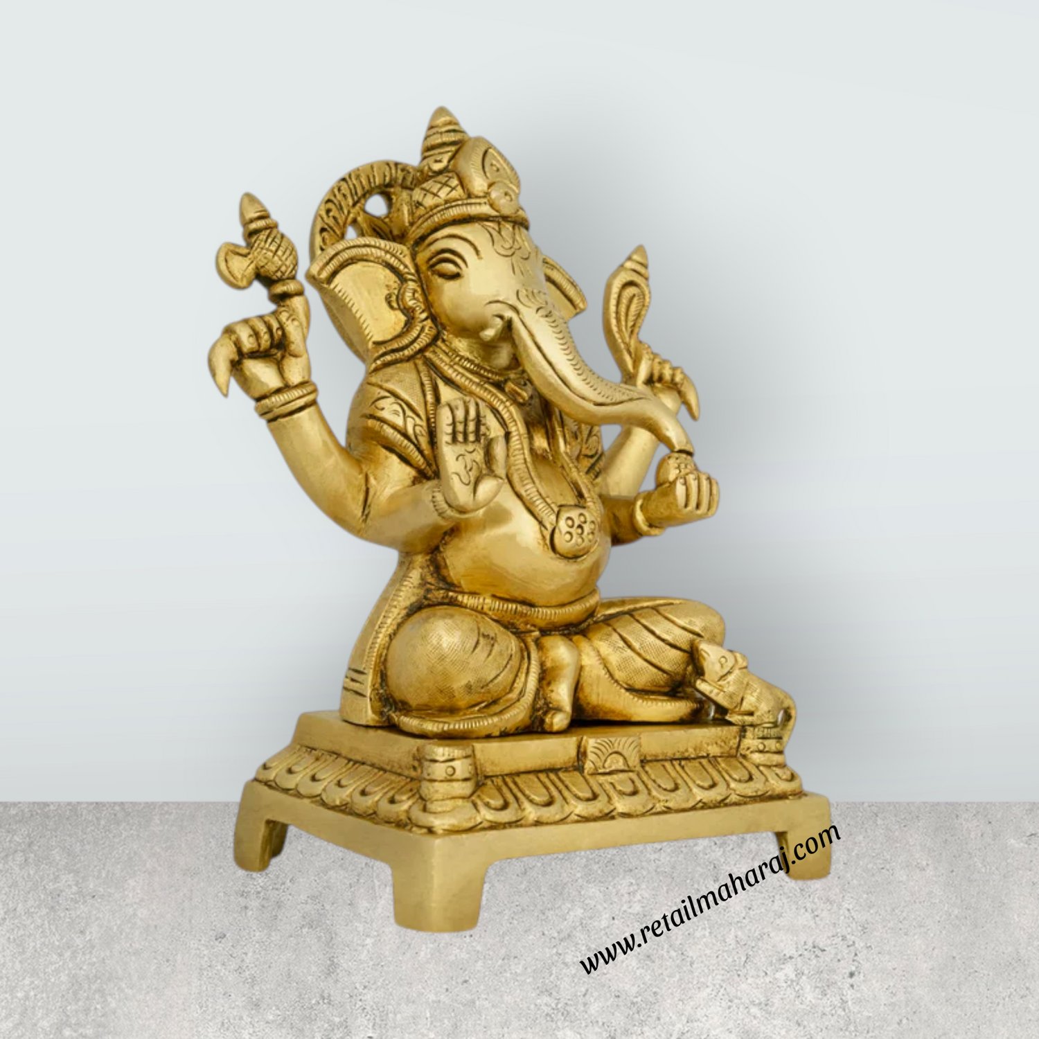 Ganesh Murti Sitting On Chowki - 6.5 x 5 Inches | Ganpati Murti/ Antique Brass Idol/ Vinayaka Statue for Pooja