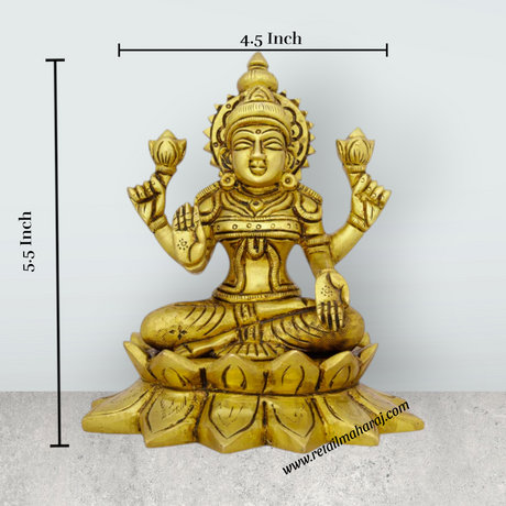 Lakshmi Idol - 5.5 x 4.5 Inches | Antique Brass Idol/ Laxmi Murti/ Lakshmi Murti for Pooja/ 1.410 Kgs Approx - Retail Maharaj