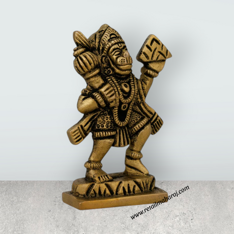 Anjaneya Statue Carrying Sanjeevani - 3 X 1.5 Inches | Antique Brass Idol/ Standing Hanuman Statue For Strength - Retail Maharaj