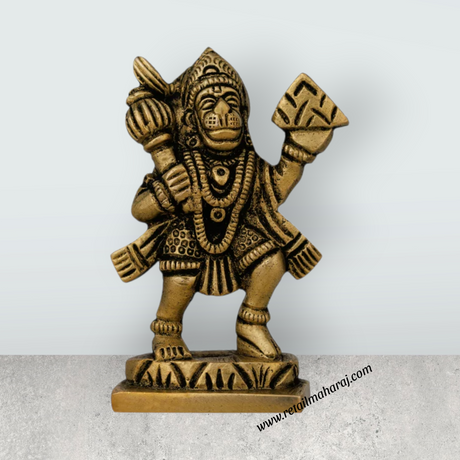 Anjaneya Statue Carrying Sanjeevani - 3 X 1.5 Inches | Antique Brass Idol/ Standing Hanuman Statue For Strength - Retail Maharaj