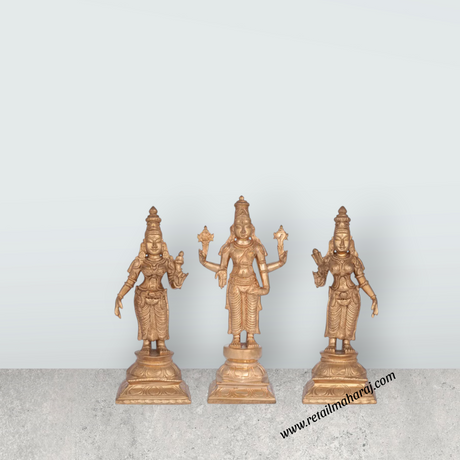 Perumal Sridevi Bhudevi Murti - 10 x 4.5 Inches | Panchaloha Idol/ Perumal with Sridevi Bhudevi Statue For Pooja - Retail Maharaj