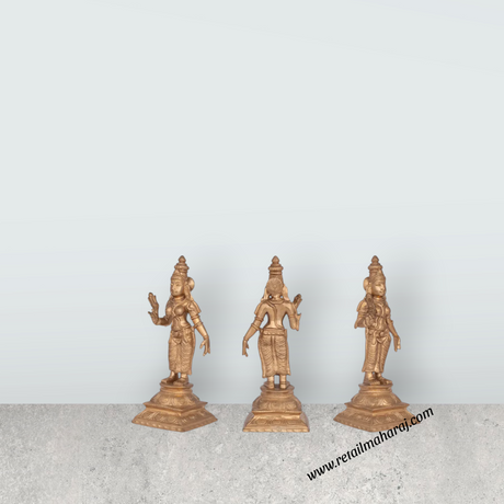 Perumal Sridevi Bhudevi Murti - 10 x 4.5 Inches | Panchaloha Idol/ Perumal with Sridevi Bhudevi Statue For Pooja - Retail Maharaj