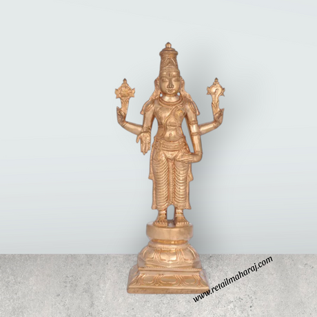 Perumal Sridevi Bhudevi Murti - 10 x 4.5 Inches | Panchaloha Idol/ Perumal with Sridevi Bhudevi Statue For Pooja - Retail Maharaj