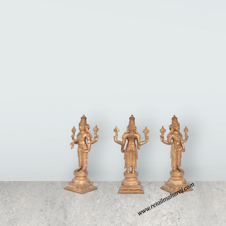 Perumal Sridevi Bhudevi Murti - 10 x 4.5 Inches | Panchaloha Idol/ Perumal with Sridevi Bhudevi Statue For Pooja - Retail Maharaj