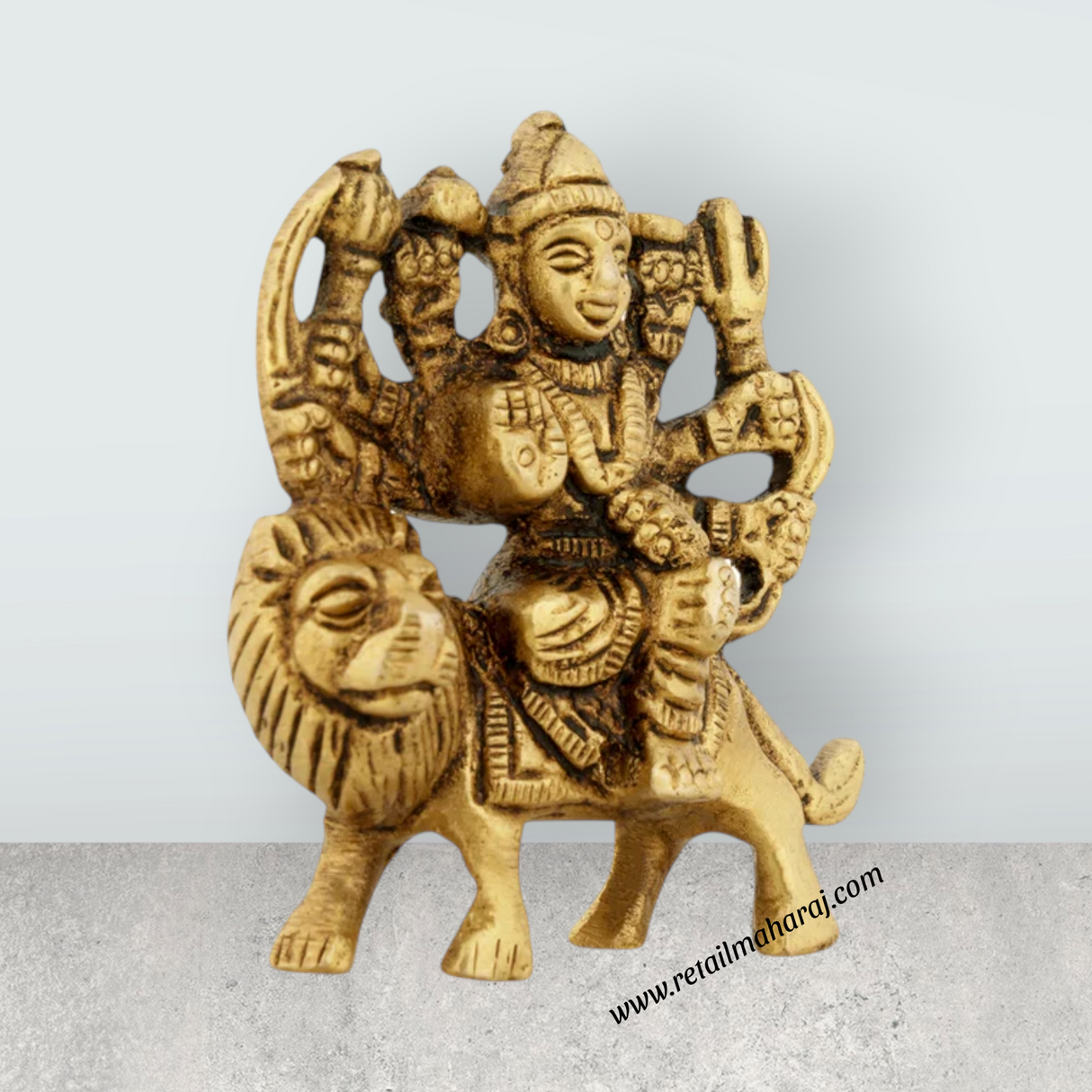 Durga Idol Sitting On Lion With 8 Hands - 2.5 x 2.5 Inches | Antique Brass Idol/ Durga Statue for Pooja/ 120 Gms - Retail Maharaj
