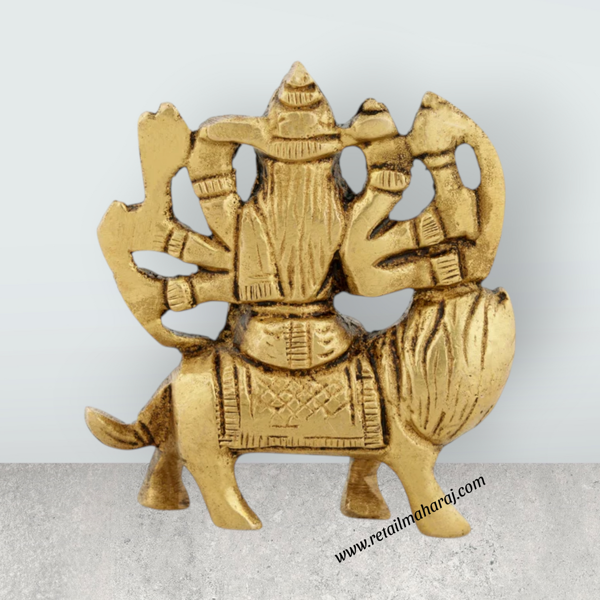 Durga Idol Sitting On Lion With 8 Hands - 2.5 x 2.5 Inches | Antique Brass Idol/ Durga Statue for Pooja/ 120 Gms - Retail Maharaj