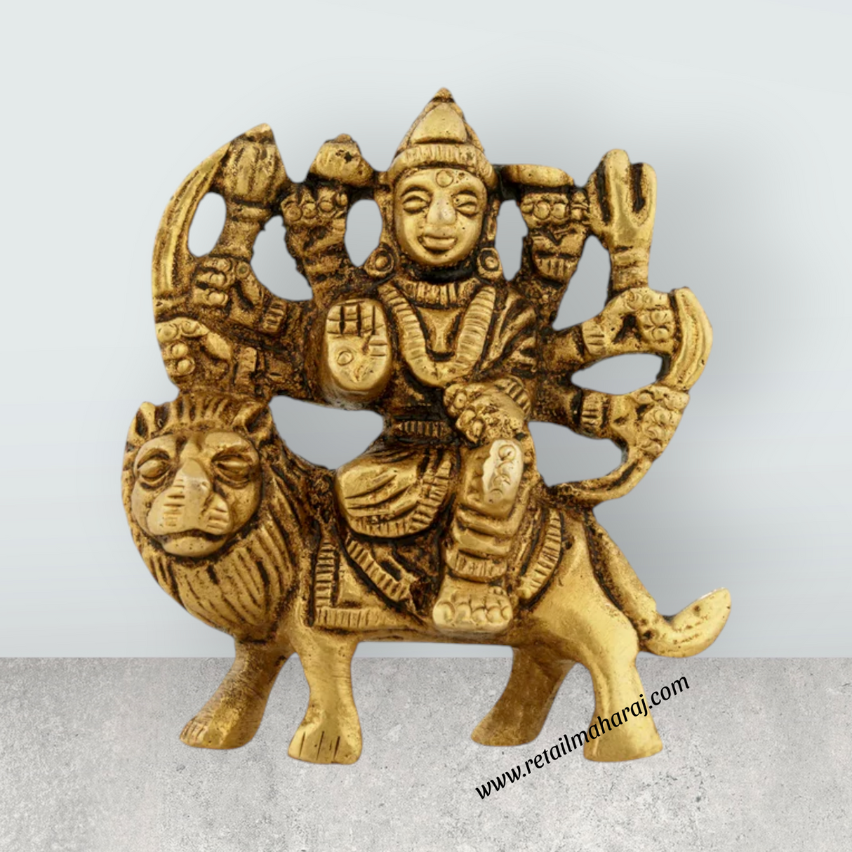 Durga Idol Sitting On Lion With 8 Hands - 2.5 x 2.5 Inches | Antique Brass Idol/ Durga Statue for Pooja/ 120 Gms - Retail Maharaj