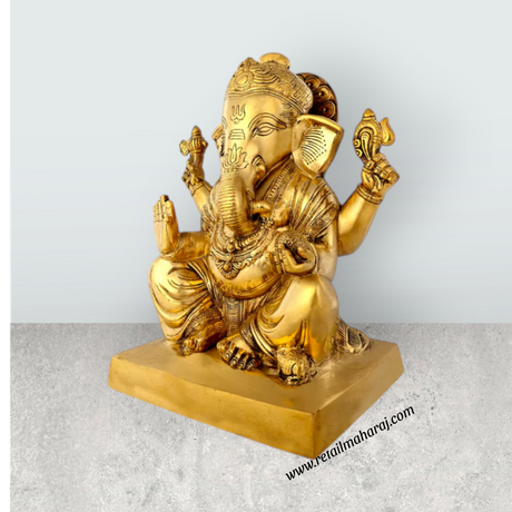 Ganesha Sitting Statue - 11 Inches | Antique Brass Idol / Vinayagar Sillai for Home, Office & Pooja - Retail Maharaj