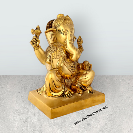 Ganesha Sitting Statue - 11 Inches | Antique Brass Idol / Vinayagar Sillai for Home, Office & Pooja - Retail Maharaj