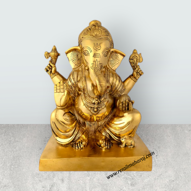 Ganesha Sitting Statue - 11 Inches | Antique Brass Idol / Vinayagar Sillai for Home, Office & Pooja - Retail Maharaj