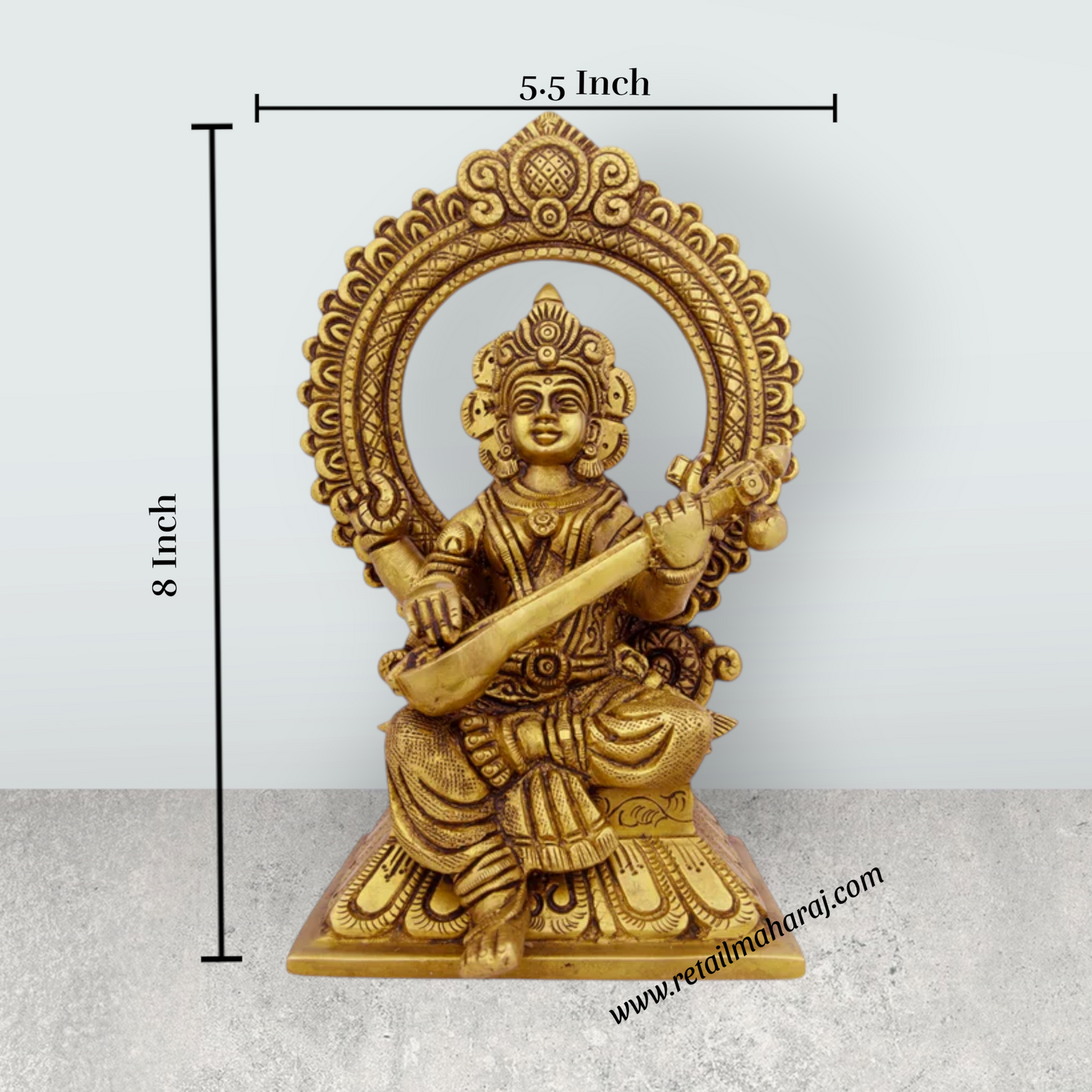 Saraswati Murti With Arch - 8 x 5.5 Inches | Antique Brass Idol/ Saraswati Idol for Pooja/ 2.060 Kgs Approx - Retail Maharaj