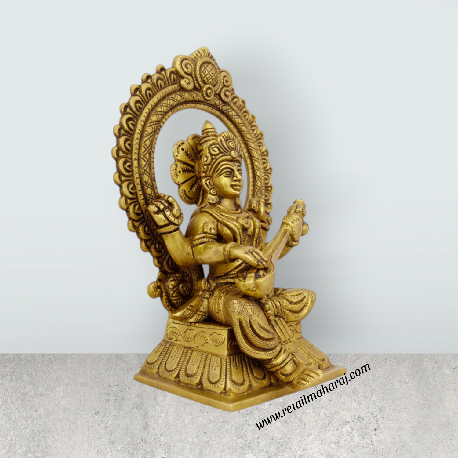 Saraswati Murti With Arch - 8 x 5.5 Inches | Antique Brass Idol/ Saraswati Idol for Pooja/ 2.060 Kgs Approx - Retail Maharaj