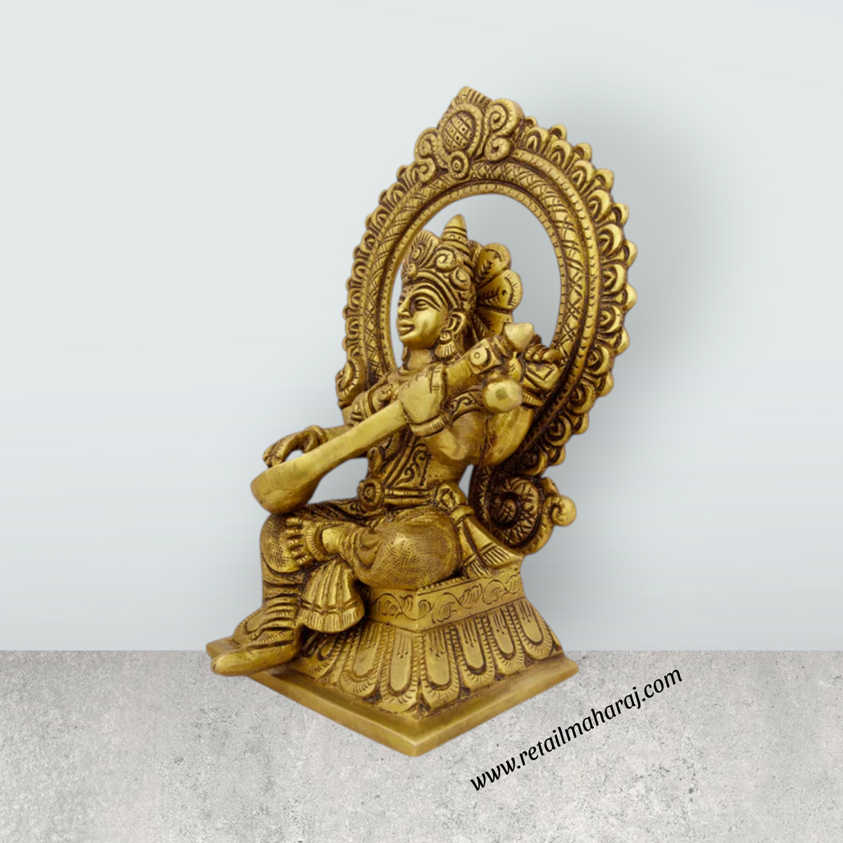 Saraswati Murti With Arch - 8 x 5.5 Inches | Antique Brass Idol/ Saraswati Idol for Pooja/ 2.060 Kgs Approx - Retail Maharaj