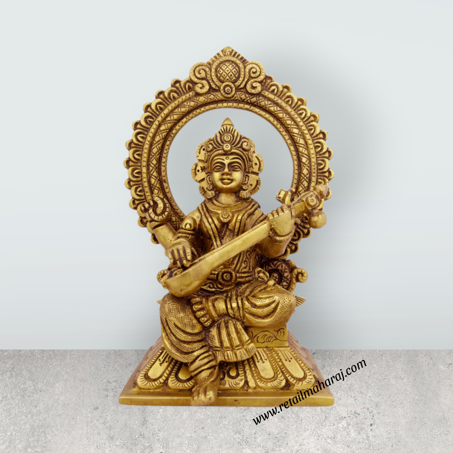 Saraswati Murti With Arch - 8 x 5.5 Inches | Antique Brass Idol/ Saraswati Idol for Pooja/ 2.060 Kgs Approx - Retail Maharaj
