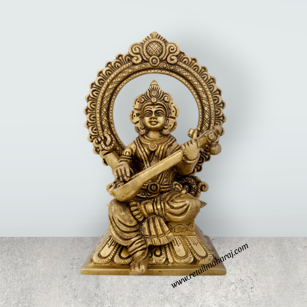Saraswati Murti With Arch - 8 x 5.5 Inches | Antique Brass Idol/ Saraswati Idol for Pooja/ 2.060 Kgs Approx - Retail Maharaj