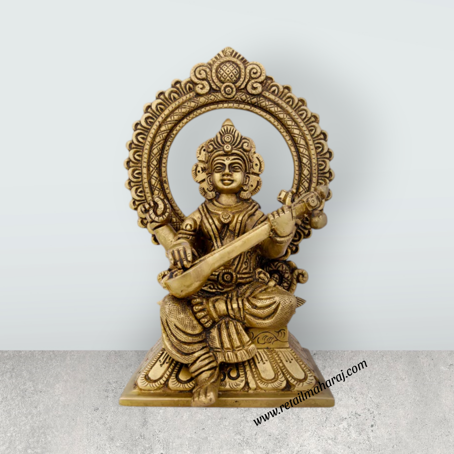 Saraswati Murti With Arch - 8 x 5.5 Inches | Antique Brass Idol/ Saraswati Idol for Pooja/ 2.060 Kgs Approx - Retail Maharaj