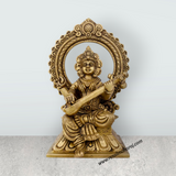Saraswati Murti With Arch - 8 x 5.5 Inches | Antique Brass Idol/ Saraswati Idol for Pooja/ 2.060 Kgs Approx - Retail Maharaj