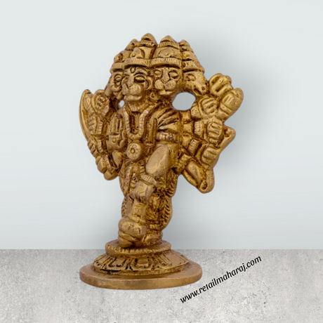 Panchmukhi Hanuman Murti - 3 X 2.5 Inches | Antique Brass Idol/ Standing 5 Face Anjaneya Statue For Worship - Retail Maharaj