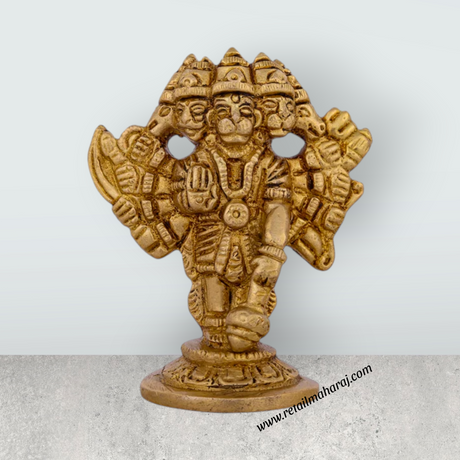 Panchmukhi Hanuman Murti - 3 X 2.5 Inches | Antique Brass Idol/ Standing 5 Face Anjaneya Statue For Worship - Retail Maharaj