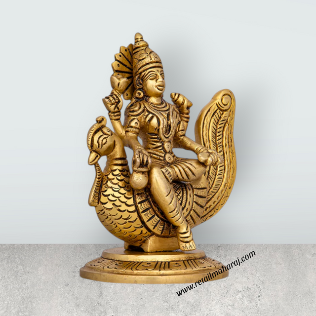 Gayatri Devi Sitting On Annam - 5.5 x 4.5 Inches | Antique Brass Idol/ Gayathri Devi for Pooja/ 1.200 Kgs Approx - Retail Maharaj