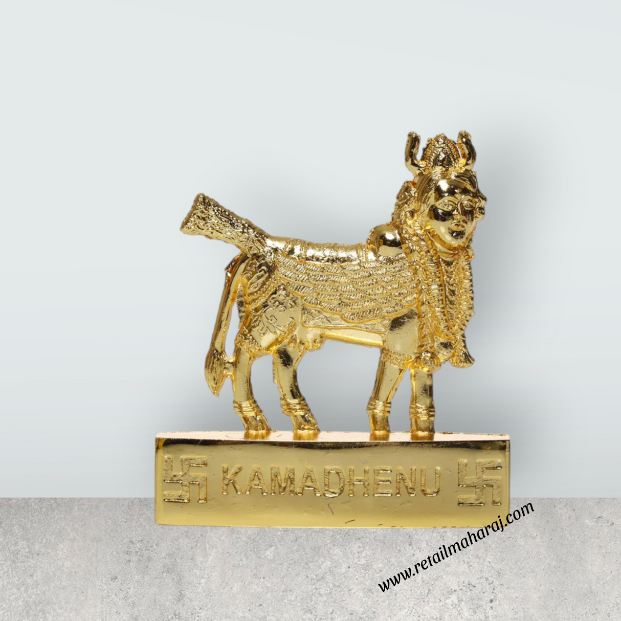 Kamadhenu Idol - 3 x 3 Inches | Metal Kamdhenu Cow Statue/ Gold Polish Kamdhenu Murti for Home - Retail Maharaj
