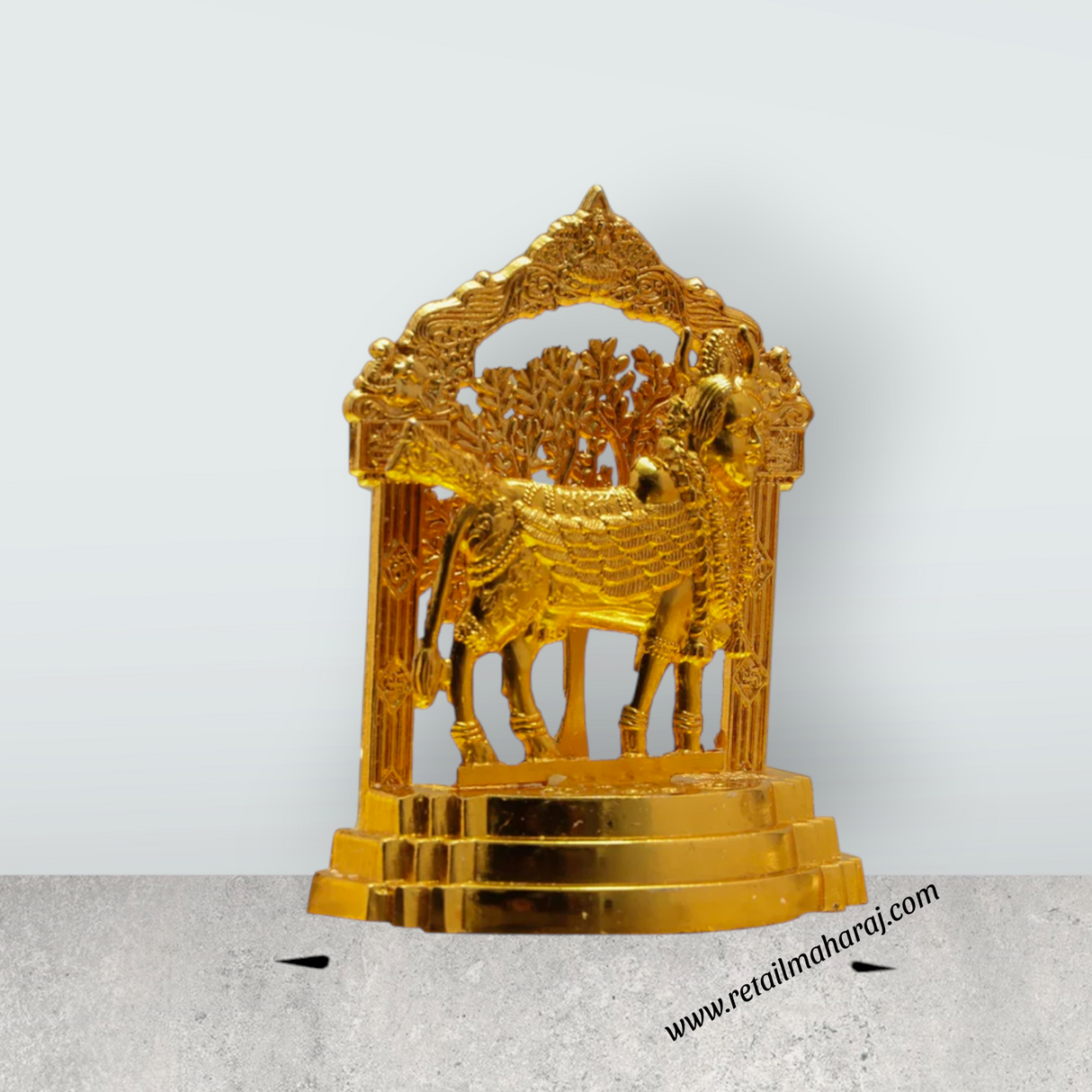 Kamadhenu Idol With Arch - 3.25 Inches | Brass Kamadhenu Statue/ Gold Polish Kamadhenu Cow Statue for Pooja - Retail Maharaj