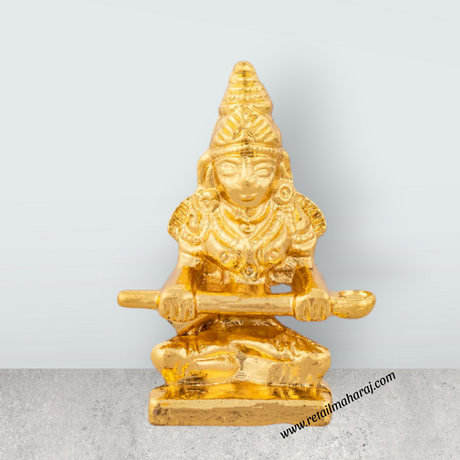 Annapurna Devi With Gold Polish Plate - 2 x 2.5 Inches | Metal Annapoorani Statue for Pooja/ 40 Gms Approx - Retail Maharaj