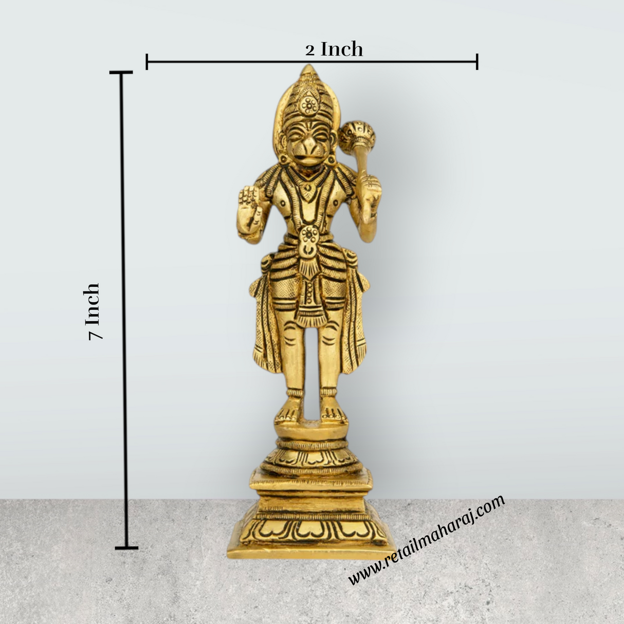 Anjaneya Statue Standing On Base - 7 x 2 Inches | Antique Brass Idol/ Ashirwad Hanuman Statue for Pooja