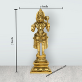Anjaneya Statue Standing On Base - 7 x 2 Inches | Antique Brass Idol/ Ashirwad Hanuman Statue for Pooja